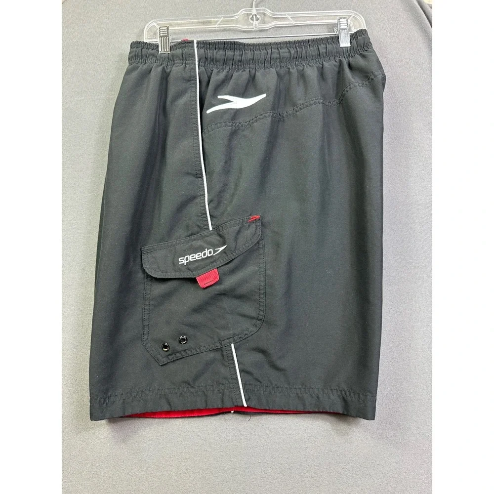 Speedo Men's Swim Trunks Black Board Shorts Cargo Pocket White Piping XXL